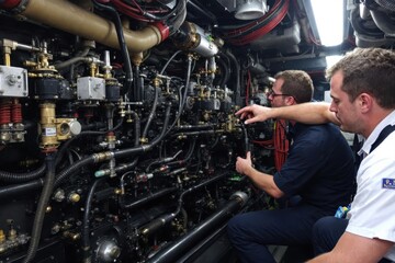 Crew working in engine room on a ship