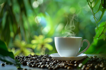 Freshly Brewed Espresso in a Coffee Cup with Creamy Swirl, Surrounded by Roasted Coffee Beans for a Rich Coffee Experience