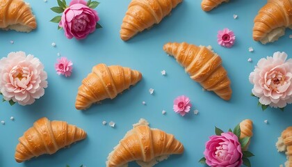 Fototapeta premium Elegant Croissants and Peonies on Blue Canvas