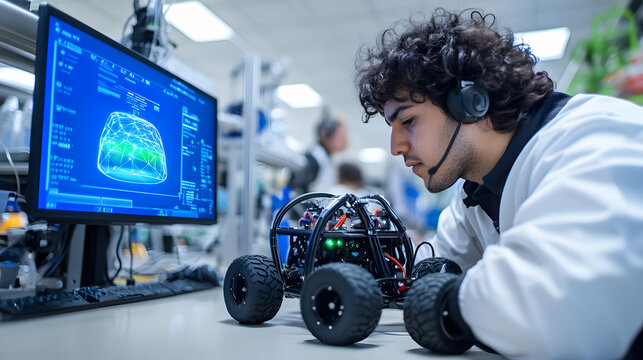 An individual designs an advanced robotic vehicle in a high-tech lab