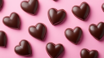Chocolate hearts on pink background. Valentines day background. Top view.