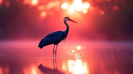 Here's a 10-word description of the image: Silhouetted heron wading