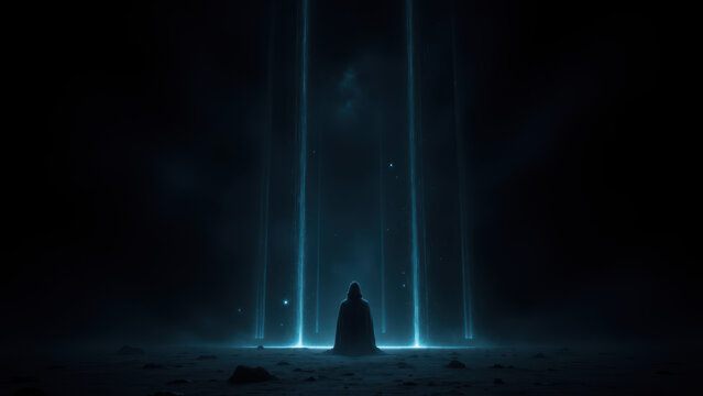 A mysterious scene featuring an AI entity, with futuristic blue beams of light in a dark environment.