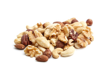 A pile of mixed nuts including walnuts, almonds, cashews, hazelnuts, and pecans, showcasing their natural textures and colors on a white background