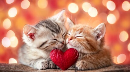 Cute kittens share a tender moment with a heart decoration for a romantic atmosphere. Greeting card for Valentine's Day