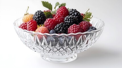 Isolated crystal-clear glass bowl filled with fresh berries, placed on a solid white background.