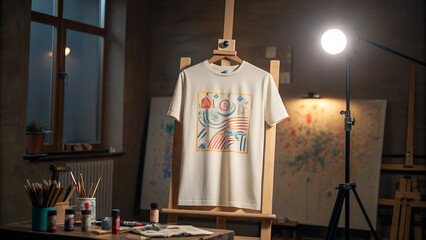 Artwork on t-shirt displayed in creative studio, vintage t-shirt mockup