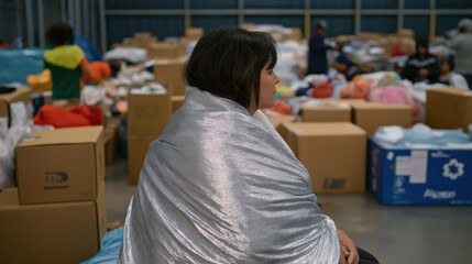 Obraz premium Person covered with reflective blanket among donation boxes. Emergency shelter concept