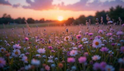 Naklejka premium Meadows Alive in Sunset's Glow: A Blurred Tapestry of Serenity