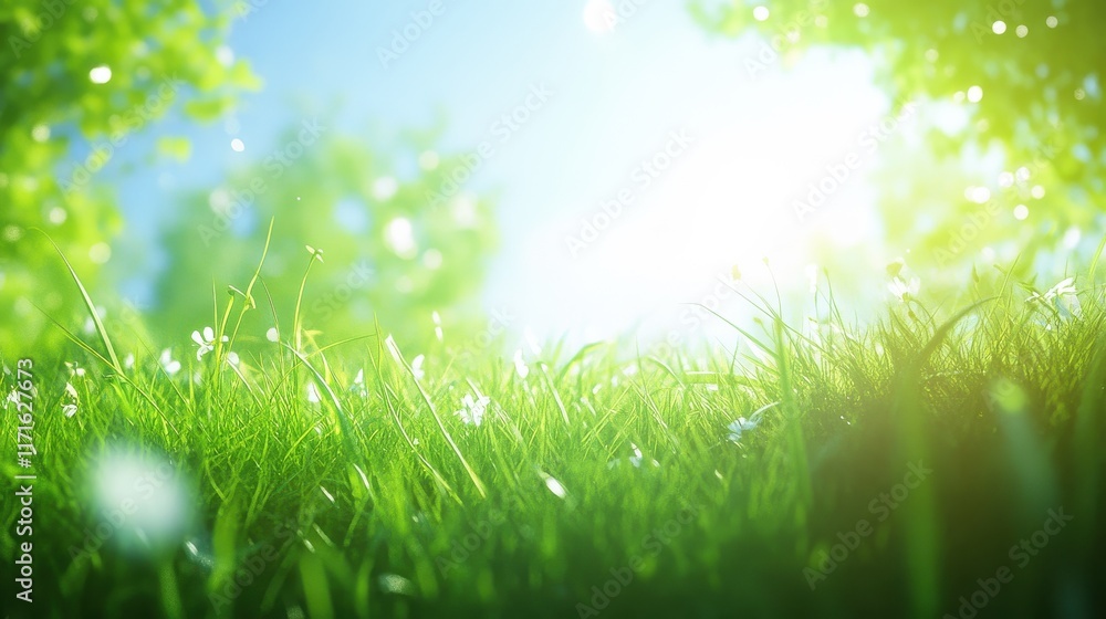 Poster beautiful sunny spring meadow with green grass and blue sky. abstract background with light bokeh an