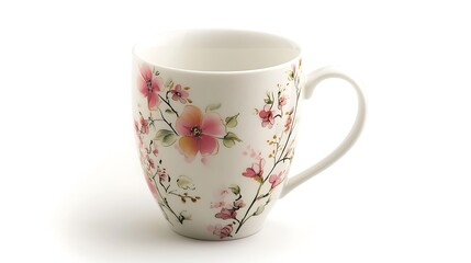 Isolated delicate porcelain cup with a floral design isolated on solid white background.