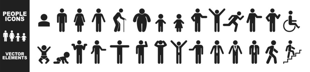 Set people pictogram icons isolated on transparent background. different people silhouettes, man, woman, child, old man, worker, businessman