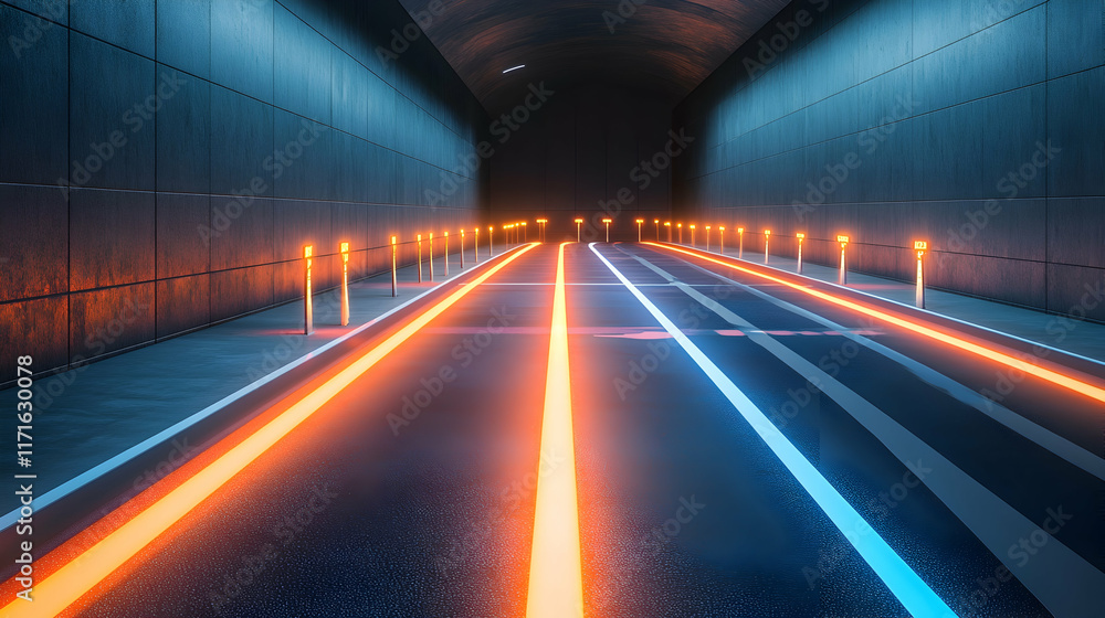 Poster a brightly lit running track with glowing distance markers and a minimalist design, emphasizing fitn