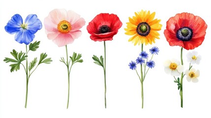 Obraz premium Poppy, chamomile, cornflower, clover, anemone and sunflower watercolor wildflowers.