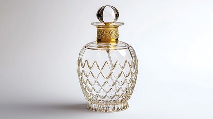 Isolated elegant glass perfume atomizer with gold accents isolated on solid white background.
