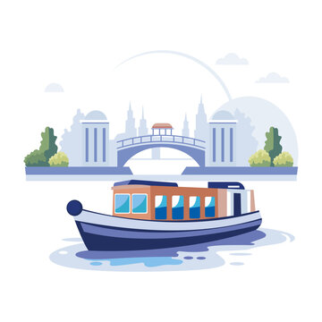 A flat illustration shows a barge sailing on a river under a bridge in a cityscape