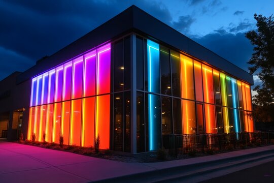Nighttime building, colorful illuminated windows.