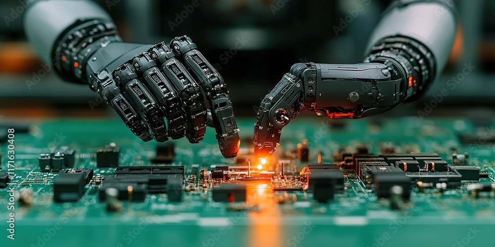 Poster robotic hands interacting with a circuit board in a high-tech laboratory environment