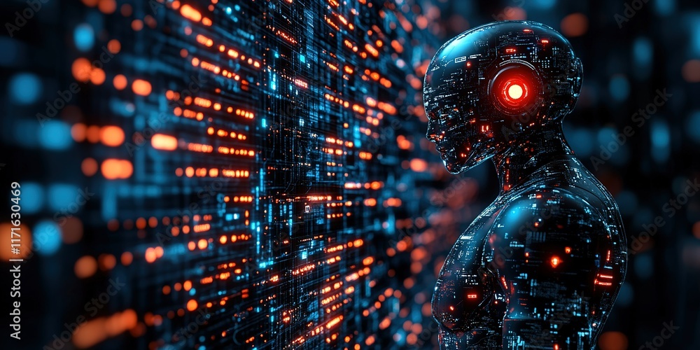 Poster futuristic humanoid robot surrounded by data streams in a digital environment with glowing elements