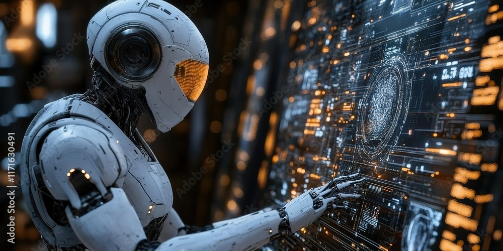 Poster futuristic robot interacts with advanced digital interface in a high-tech environment at night