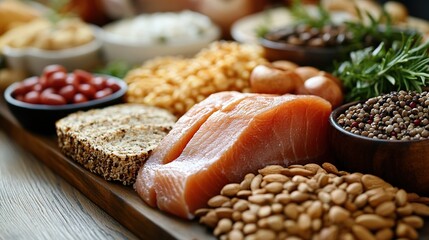Healthy food assortment salmon, almonds, beans, grains, and bread.