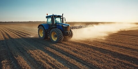 Obraz premium Tractor spraying crops in a wide open field during sunset in rural landscape
