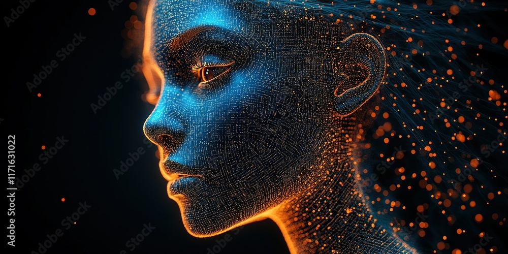 Poster visual representation of a digital human silhouette illuminated by glowing particles and intricate p