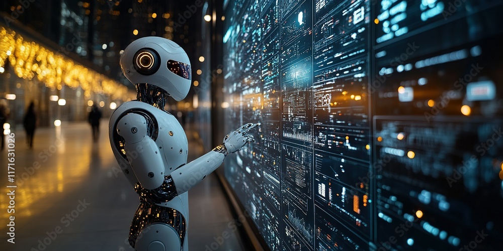 Poster humanoid robot interacts with digital display showcasing data in a futuristic urban environment at n