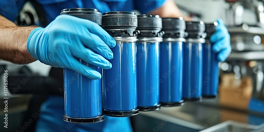 Poster technician using blue cylindrical containers in a laboratory setting for material preparation during