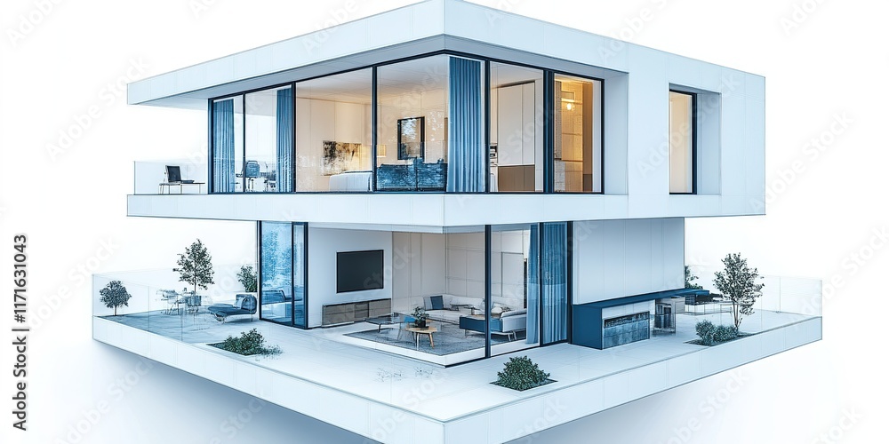 Poster modern architectural design of a two-story house showcasing open spaces and glass walls in an urban 