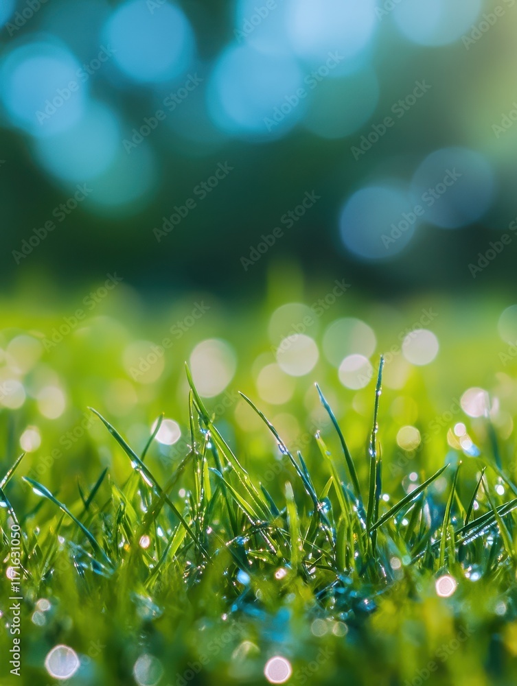 Poster beautiful sunny spring meadow with green grass and blue sky. abstract background with light bokeh an