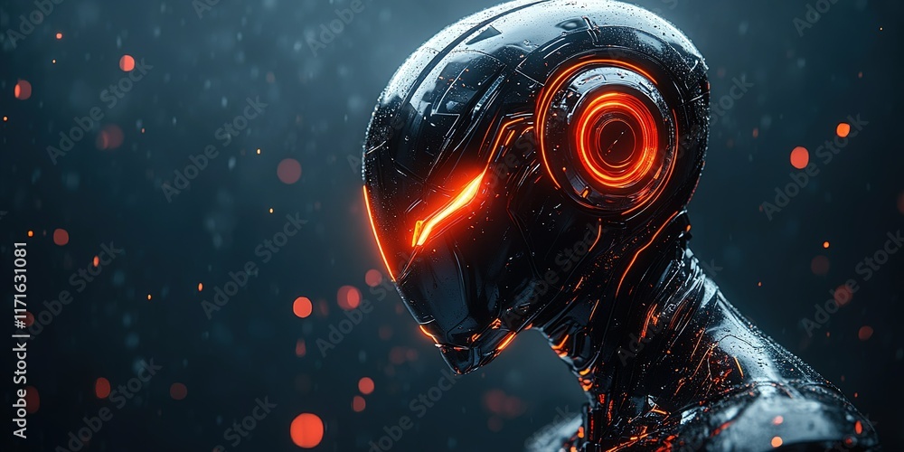 Poster futuristic robotic figure with glowing features standing in dark ambient lighting during a cyberpunk