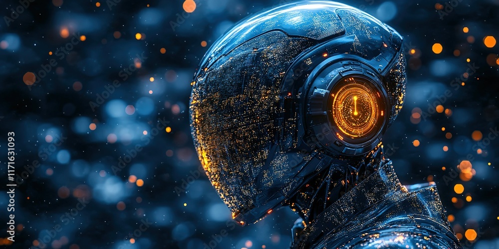 Poster futuristic robot with glowing features against a dark, shimmering background highlighting advanced t