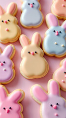Obraz premium decorated bunny cookies pastel background festive holiday easter dessert food art spring cheerful creative baking vertical format