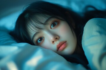 Asian women opened eyes lying on the bed have an insomnia problems, Generative AI