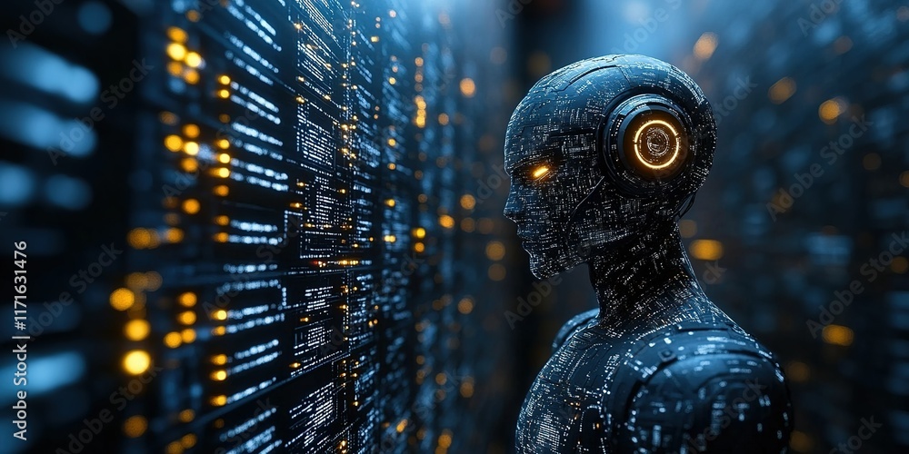 Aufkleber futuristic robot stands in a digital landscape illuminated by high-tech data streams at night