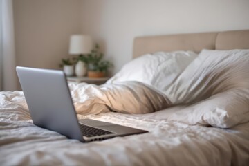 Fototapeta premium laptop on bed in bedroom at home