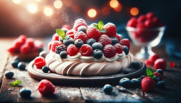 Decadent berry pavlova, Fresh mixed berries, Whipped cream swirls, Rustic wooden table, Soft bokeh background, Moody lighting, Close-up food photography, Vibrant colors, Textured dessert, Gourmet culi