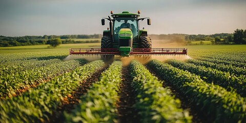 Fototapeta premium Farming equipment operates in a lush green field during late afternoon harvesting crops