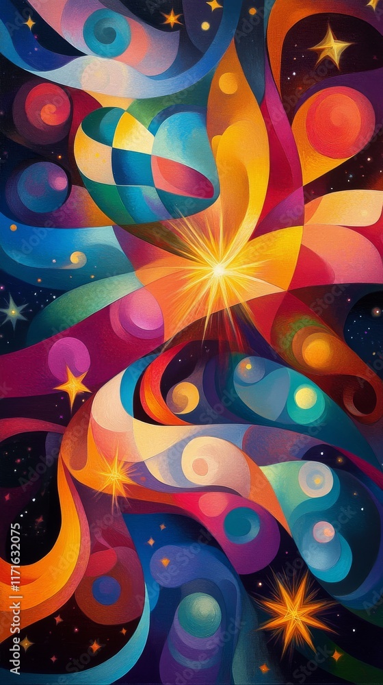Poster vibrant abstract cosmic art depicting swirling colors and celestial elements in a dynamic compositio