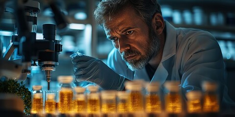 Scientist conducts research in a laboratory focused on biochemical experiments in a modern facility during nighttime