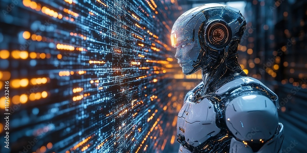 Poster futuristic robot standing against a digital background filled with glowing data streams in a high-te