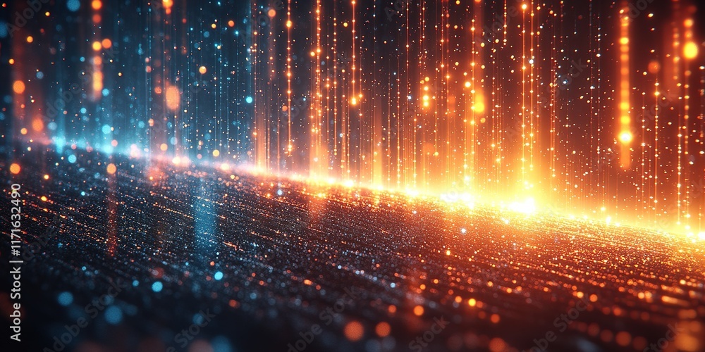 Poster bright light patterns create a futuristic landscape with vibrant colors and shimmering dots in a dig
