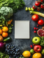 Fresh ripe fruits and vegetables with inscription new year resolutions for 2019 written in notepad