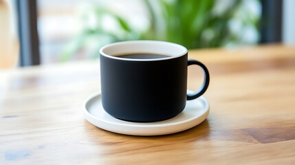 Obraz premium Black Coffee Mug On White Coaster Wooden Table