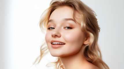 Beauty woman with clean healthy skin, natural make up, blond hair. Perfect for skincare ads, spa concept, beauty photography, and wellness-themed