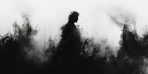Figures moving through an abstract landscape created with black and white tones, evoking a sense of mystery and introspection