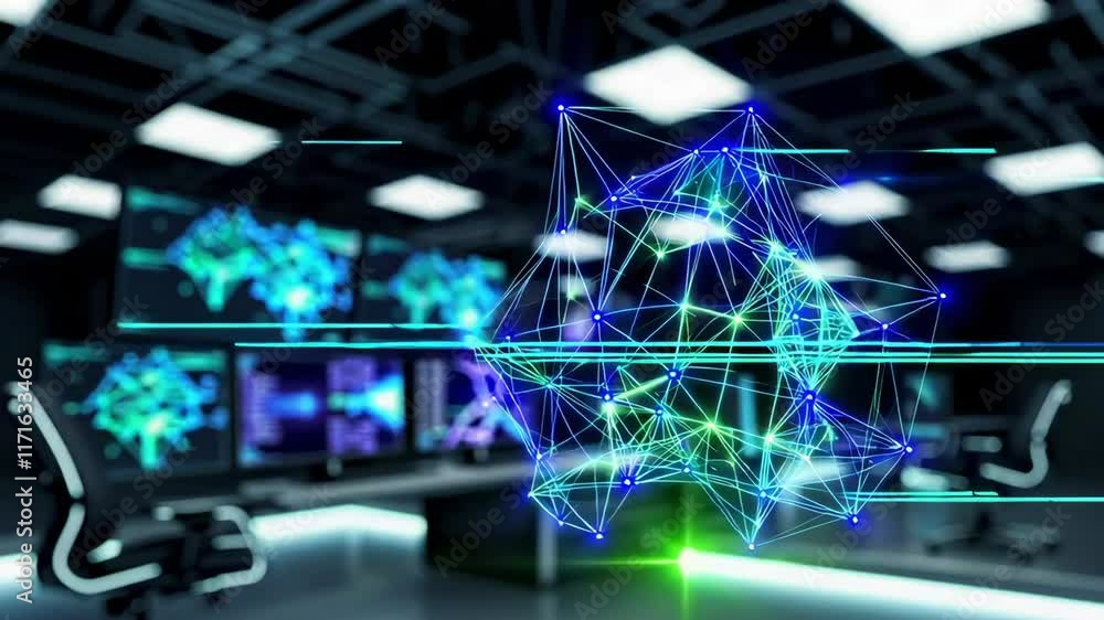 Poster data visualization scene with dynamic network footage in modern office