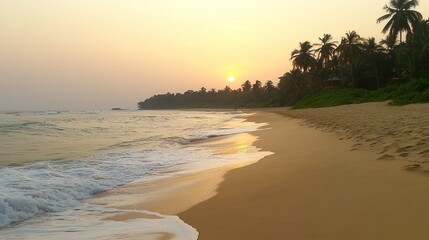 Serene beach at sunset with gentle waves and palm trees.