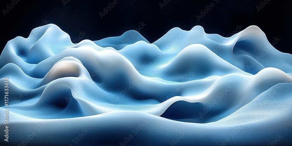 Poster abstract representation of rolling waves with soft blue tones and shadowed contours in a dark atmosp